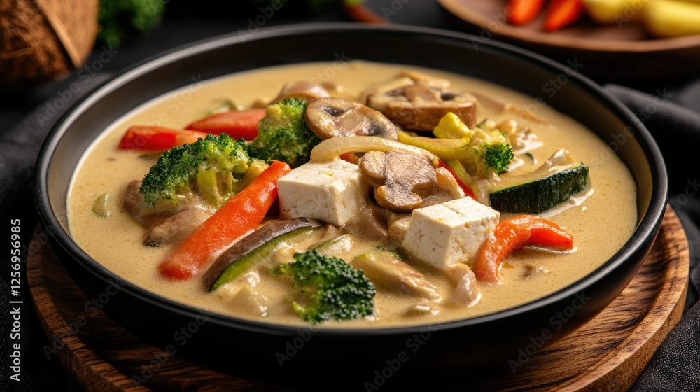 Vegan coconut curry with tofu and mixed vegetables in a bowl on a wooden table Vegan coconut curry with tofu and mixed vegetables in a bowl on a wooden table