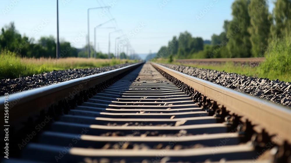 A closeup view of railway tracks disappearing into the horizon under a clear blue sky : Generative AI