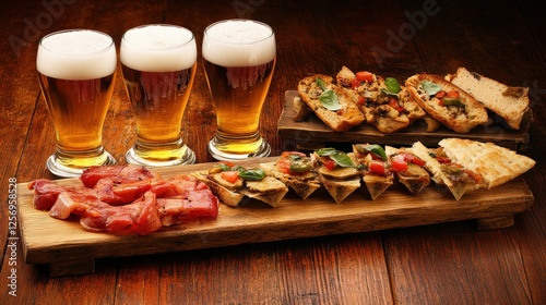 Wooden board featuring beer and a plate of tapas at a bar setting with an aperitif drink