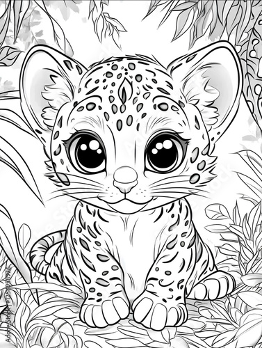 coloring page black and white cute baby tiger with big eyes in the jungle