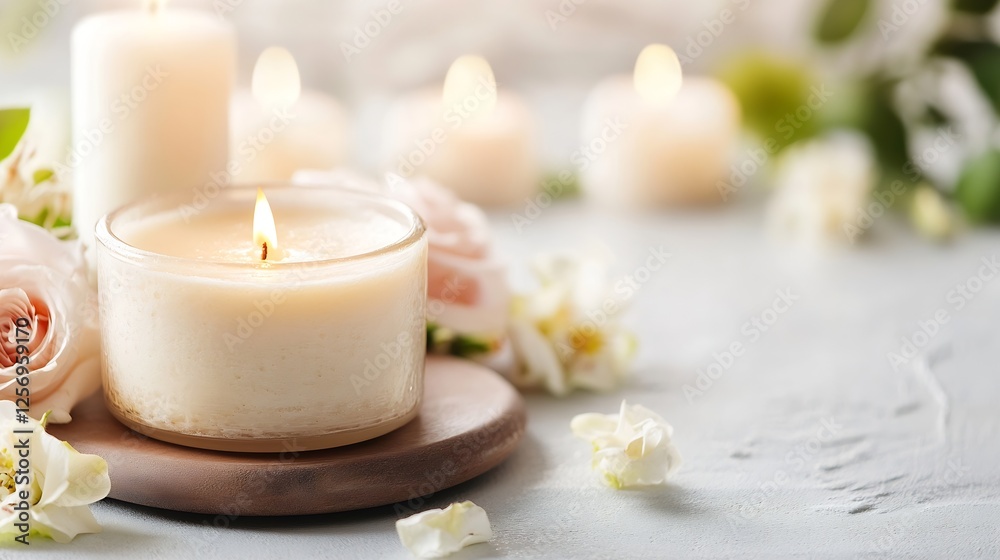 Serene candle with soft warm light surrounded by delicate roses on a textured surface : Generative AI Serene candle with soft warm light surrounded by delicate roses on a textured surface : Generative AI