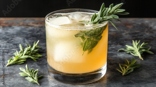 Artisanal cocktail with lemon garnish served in a glass on a wooden table with a rustic background
