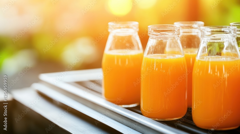 Tray with three jars of fresh orange juice and automatic juice packing line in production facility