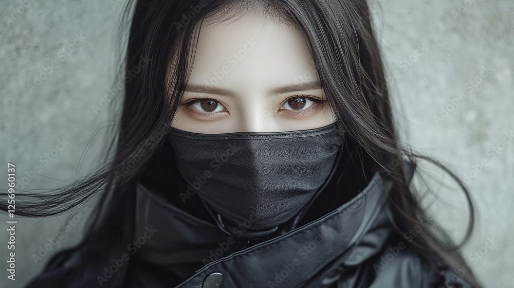 Focus on the striking eyes of a masked young woman with perfect skin, embodying a cyberpunk assassin in a samurai ninja style. The serious expression contrasts with the bright modern background Focus on the striking eyes of a masked young woman with perfect skin, embodying a cyberpunk assassin in a samurai ninja style. The serious expression contrasts with the bright modern background