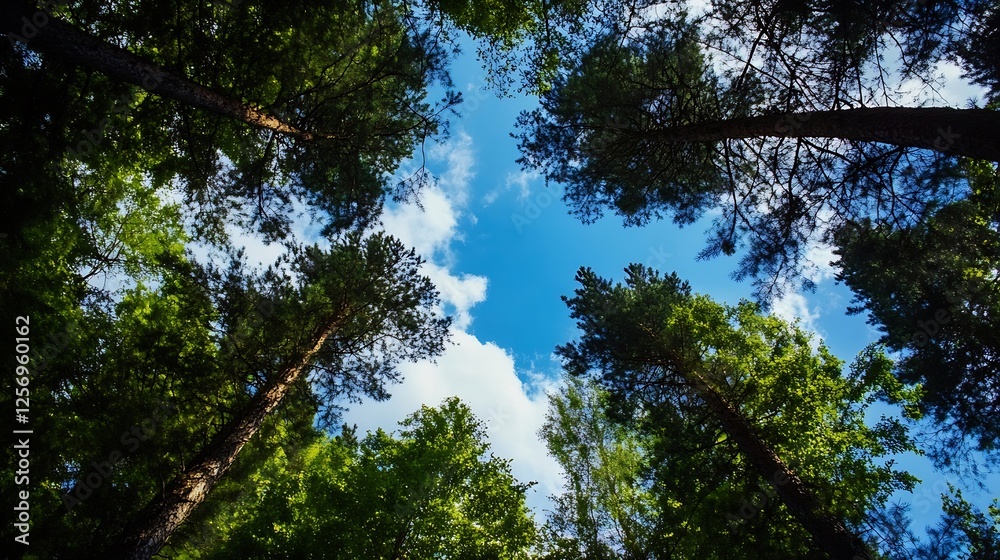 Fototapeta premium Tall Trees Reaching Sky Under Bright Blue Sky with Fluffy Clouds in Lush Green Forest : Generative AI