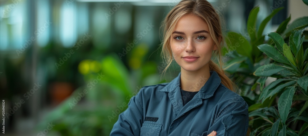 Confident woman, plant nursery, green background, portrait Confident woman, plant nursery, green background, portrait