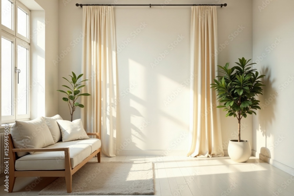 Fototapeta premium Sunlit Living Room Interior Design with Minimalist Decor and Neutral Color Palette