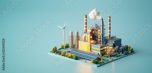 3D large industrial plants that combine natural renewable energy sources like wind and solar. Environmental protection and Healthy lifestyle