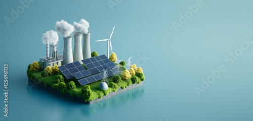 3D large industrial plants that combine natural renewable energy sources like wind and solar. Environmental protection and Healthy lifestyle