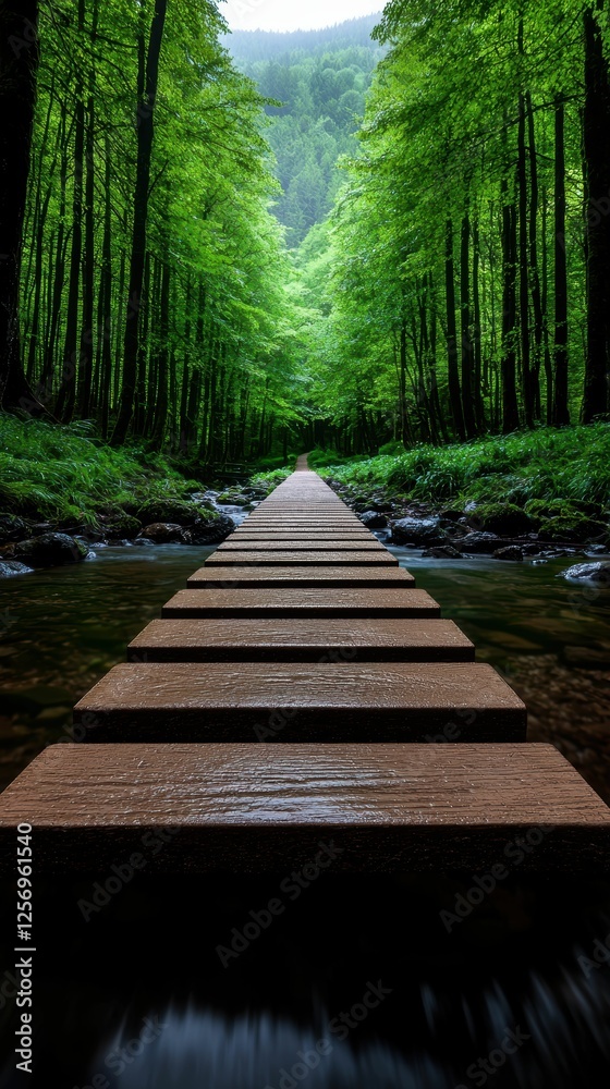 Obraz premium Forest Path with Wooden Steps over Stream Scenery View