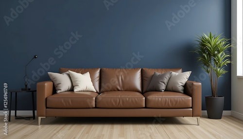 Modern Brown Leather Sofa in Minimalist Living Room with Dark Blue Walls