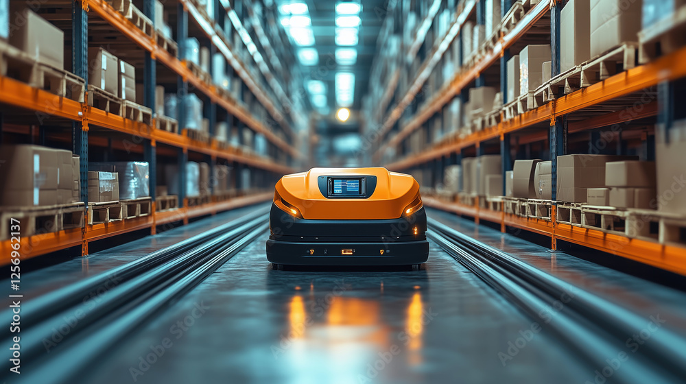 Autonomous Robot in a Modern Warehouse Environment with Rows of Boxes in Racks and High Ceilings, Showcasing Advanced Logistics Technology Autonomous Robot in a Modern Warehouse Environment with Rows of Boxes in Racks and High Ceilings, Showcasing Advanced Logistics Technology