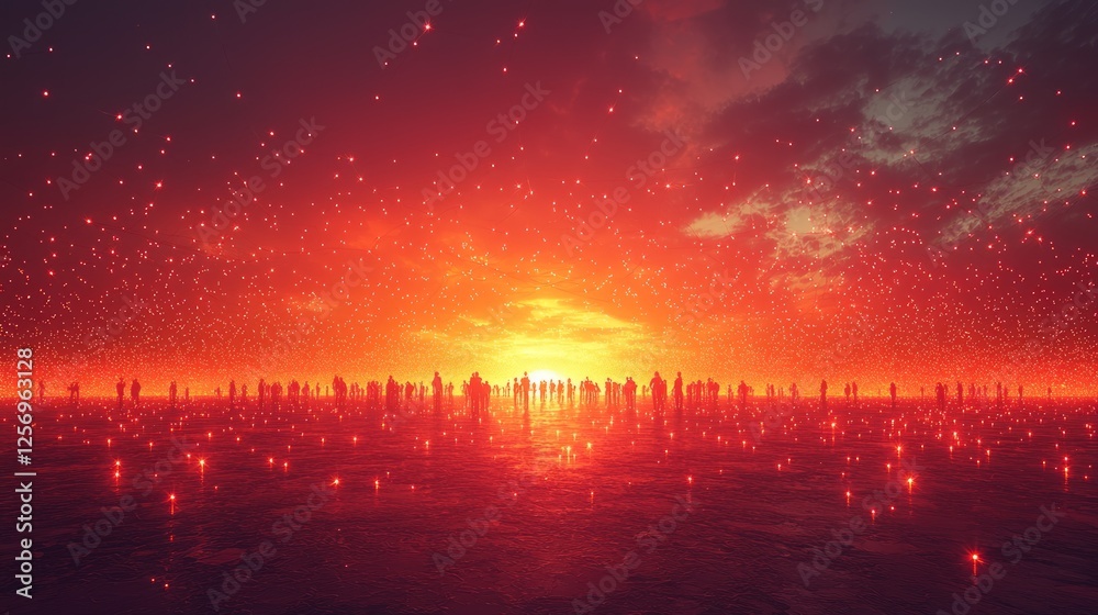 Fototapeta premium Crowd Silhouettes Sunset Fiery Sky Hopeful Future