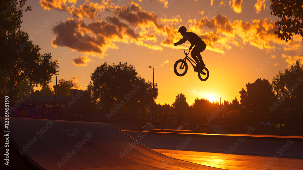Fototapeta premium Rider on a BMX Bike Performing Tricks in a Dynamic Urban Environment