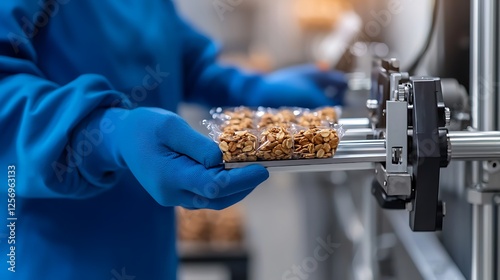 Worker in blue gloves carefully handling a granola bar packaging in a modern factory setting