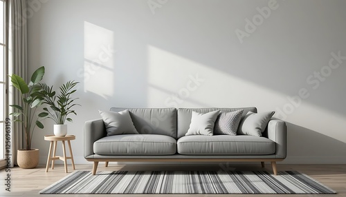Modern Minimalist Living Room Interior Design with Gray Sofa, Plant, and Rug
