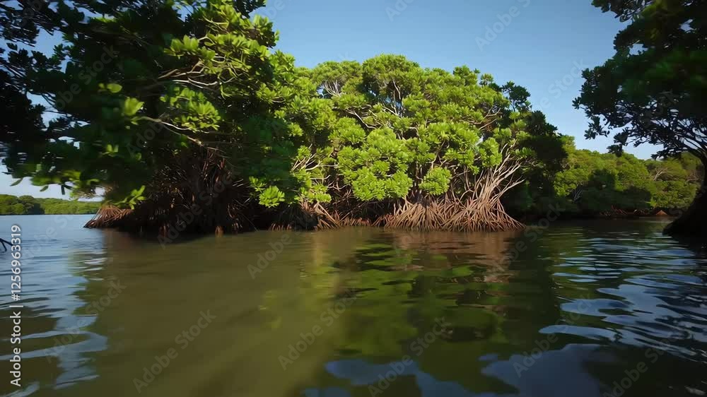 Lush mangrove forest surrounding calm tropical waters under clear sky Lush mangrove forest surrounding calm tropical waters under clear sky