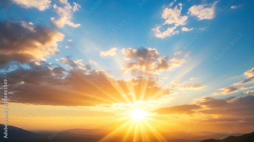 Obraz premium Stunning sunset illuminating the sky with vibrant colors radiating through scattered clouds at twilight : Generative AI