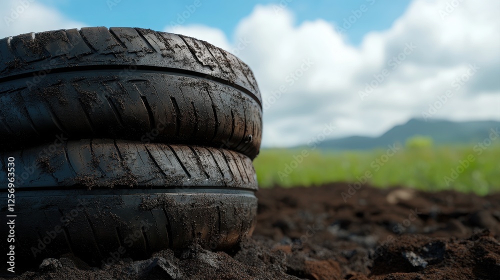 Two worn tires rest on the ground, surrounded by a green landscape under a partly cloudy sky. Two worn tires rest on the ground, surrounded by a green landscape under a partly cloudy sky.