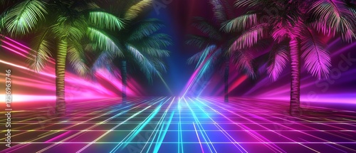Colorful neon lights with palm trees at night.