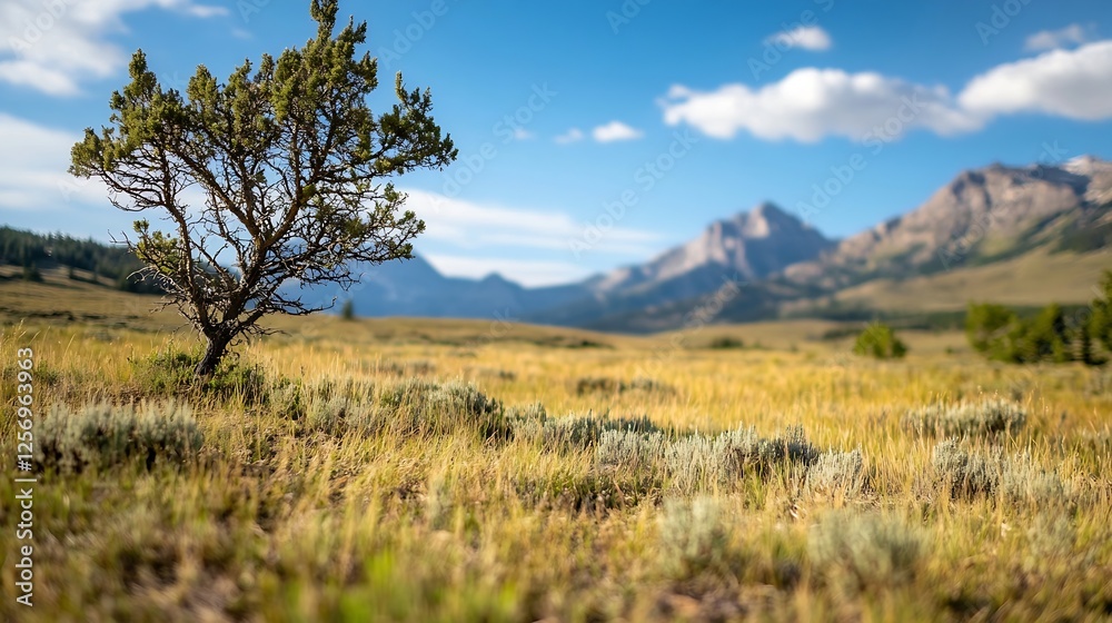 Solitary Tree in Expansive Meadow with Mountains in the Background : Generative AI Solitary Tree in Expansive Meadow with Mountains in the Background : Generative AI
