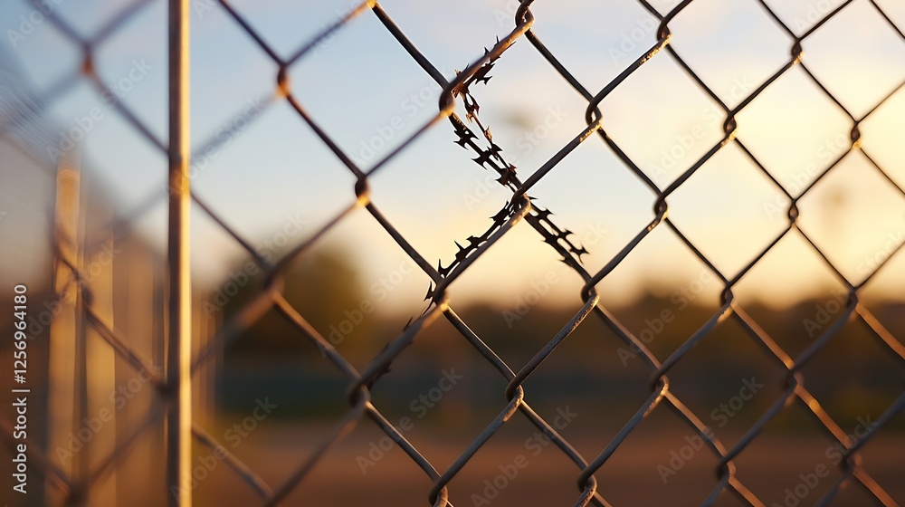 Close up of a rusty chain link fence with a tear showcasing nature's resilience at sunset : Generative AI Close up of a rusty chain link fence with a tear showcasing nature's resilience at sunset : Generative AI