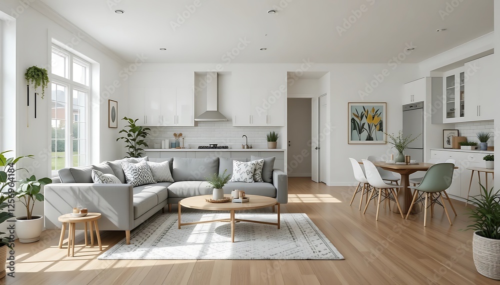 Modern minimalist living room and kitchen design with grey sectional sofa, light wood floors, and white cabinets Modern minimalist living room and kitchen design with grey sectional sofa, light wood floors, and white cabinets