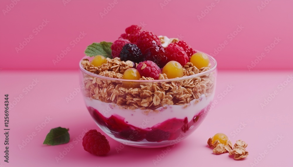 Yogurt granola with fresh berries fruit on glass pink background Yogurt granola with fresh berries fruit on glass pink background
