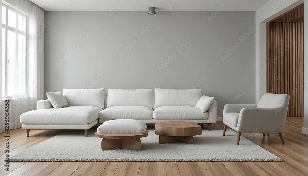 Fototapeta premium Modern Minimalist Living Room Interior Design with White Sofa, Wooden Coffee Table, and Light Grey Armchair