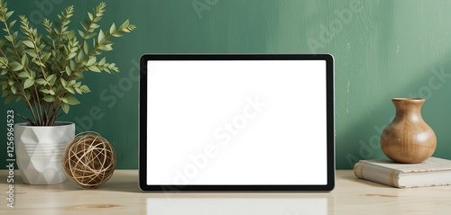 Digital tablet with a white blank screen mockup and decor on a table on green wall in a room, 8k photo