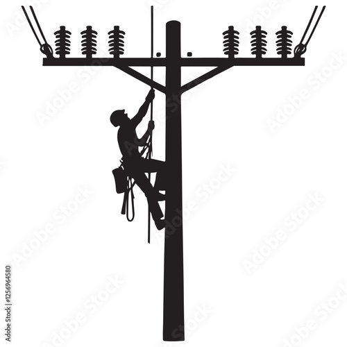Lineman silhouette climbing electric pole vector artwork