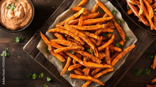 Plate of cajun seasoned sweet potato fries with a spicy seasoning and garnished with herbs