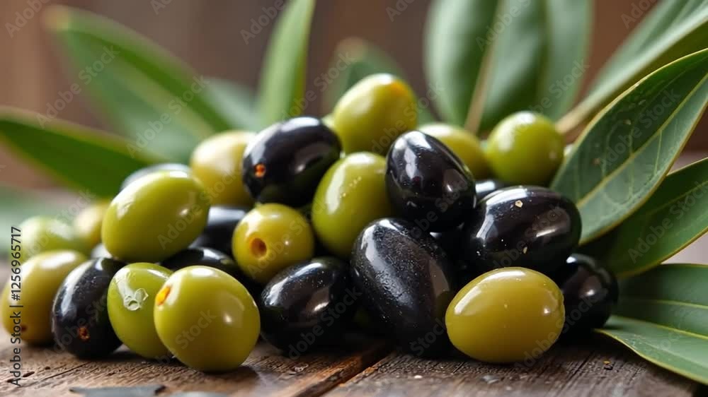 Fresh green and black olives with leaves on rustic wooden table. Fresh green and black olives with leaves on rustic wooden table.