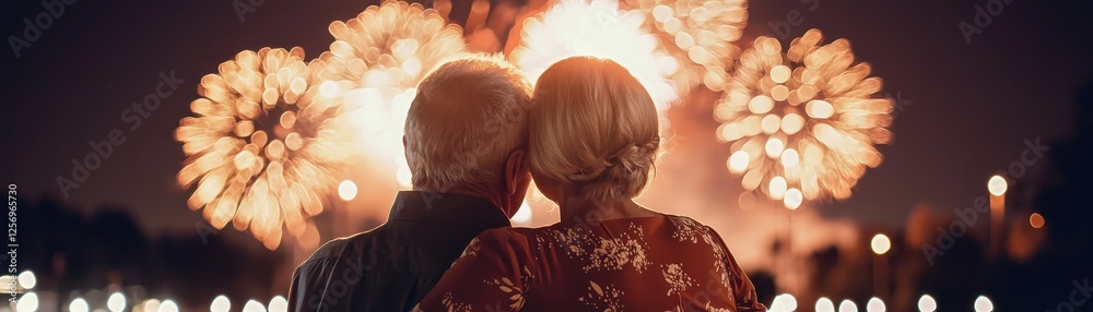 Naklejka premium A loving couple enjoys a romantic moment together, watching a vibrant fireworks display illuminate the night sky, creating a memorable experience.