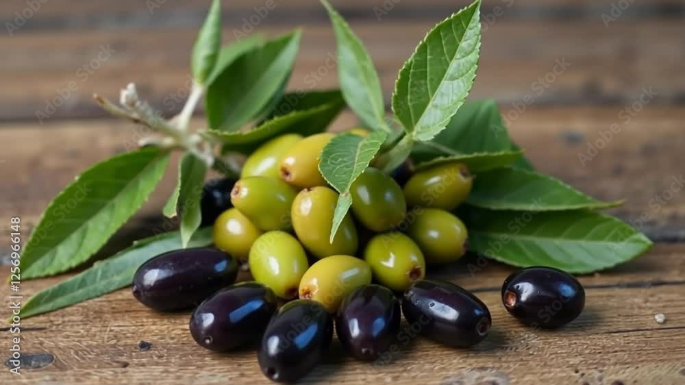 Fresh green and black olives with leaves on rustic wooden table. Fresh green and black olives with leaves on rustic wooden table.