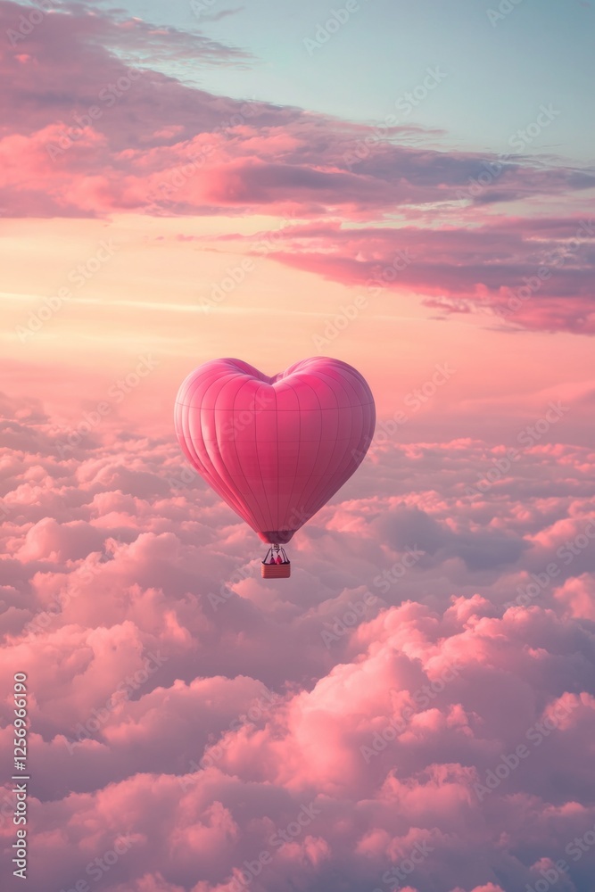 Fototapeta premium A heart-shaped hot air balloon floating above the clouds, with pink and red hues, creating an enchanting Valentine's Day scene. The sky has soft pastel colors, adding to the romantic atmosphere. 