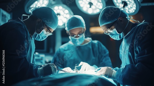 Medical professionals performing intricate surgery in an operating room with focused attention on the patient under bright surgical lights during a complex procedure