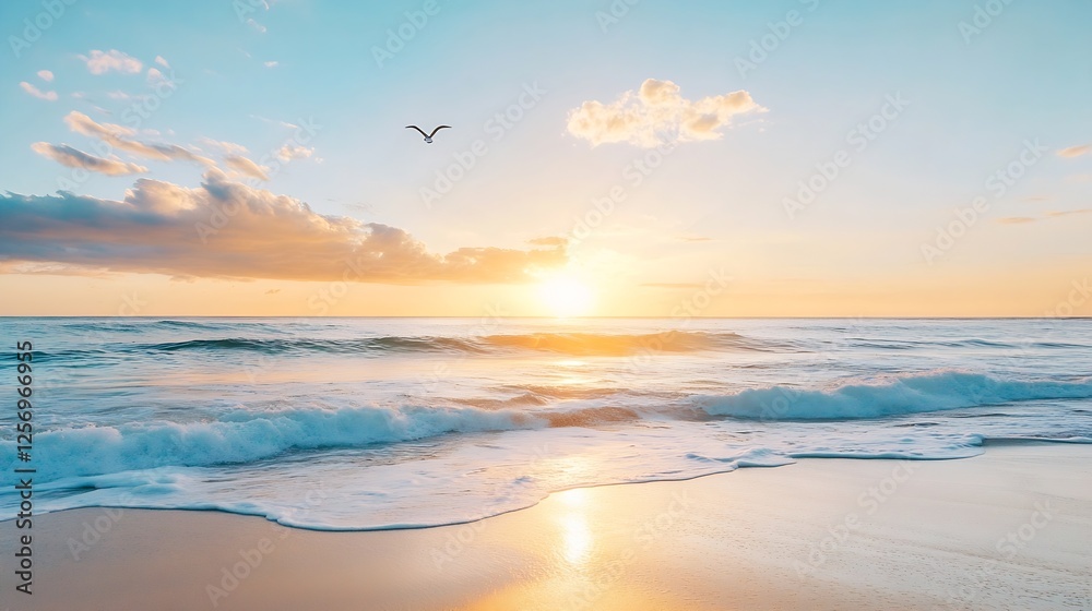 Obraz premium Stunning Sunrise Over Calm Seaside Beach with Gentle Waves and a Single Seagull : Generative AI