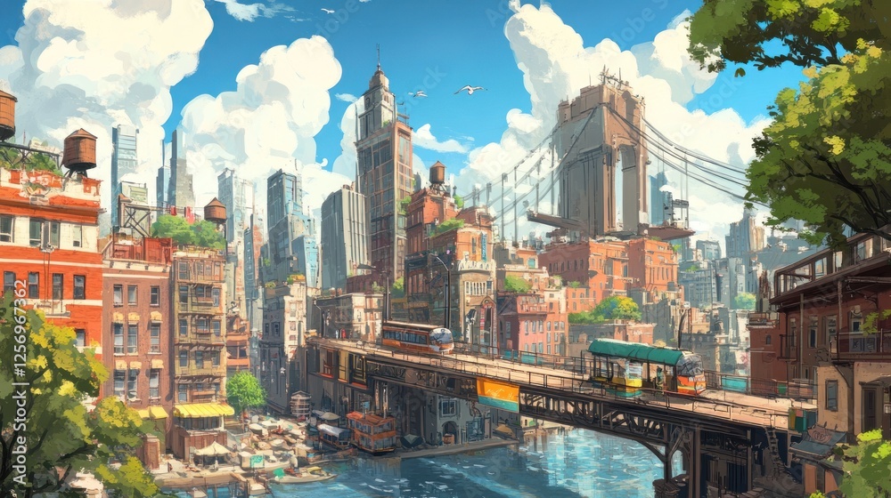 Obraz premium A vibrant cityscape with a bridge, waterway, and bustling buildings under a bright sky.