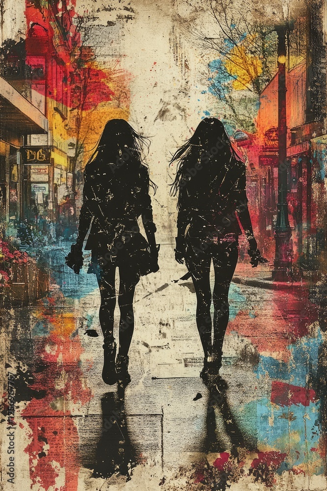 Obraz premium Silhouettes of Women Walking on Vibrant Street with Urban Artistic Background