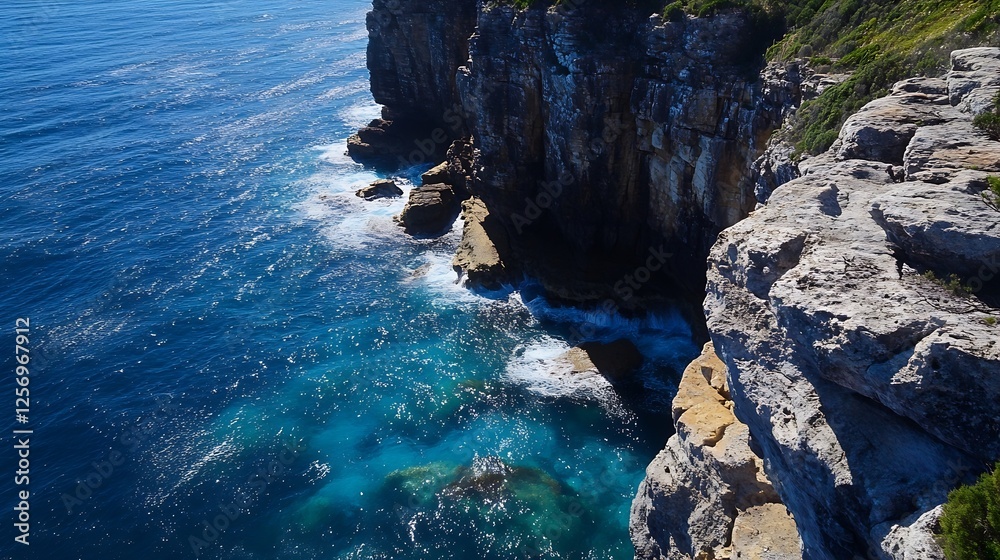 Stunning view of rugged cliffs meeting clear blue ocean waters under a bright sunny sky : Generative AI