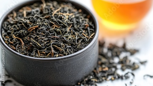 Cup of black tea and glass of orange tea with close-up of dried gyokuro sencha tea leaves on wooden table photo