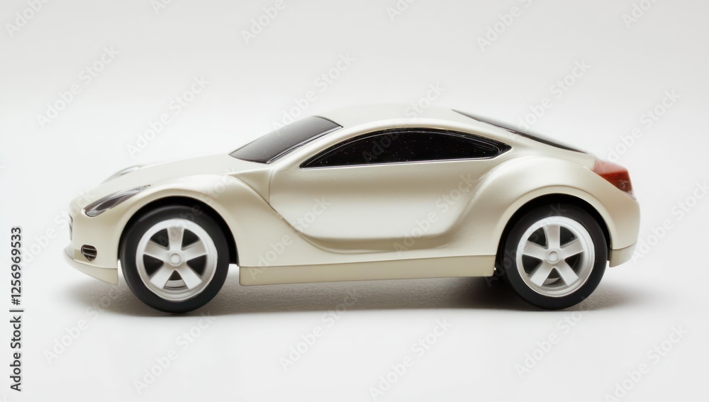 Fototapeta premium Contemporary car side view on a plain white backdrop, showcasing modern aesthetics and smooth lines.