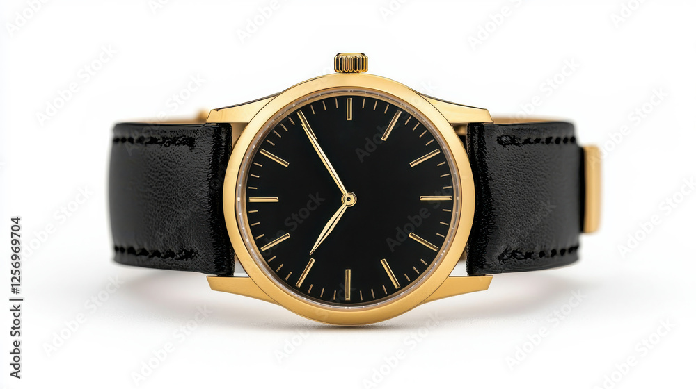 Elegant black wristwatch with a sleek gold frame and leather strap, perfect for enhancing any outfit and showcasing personal style.
