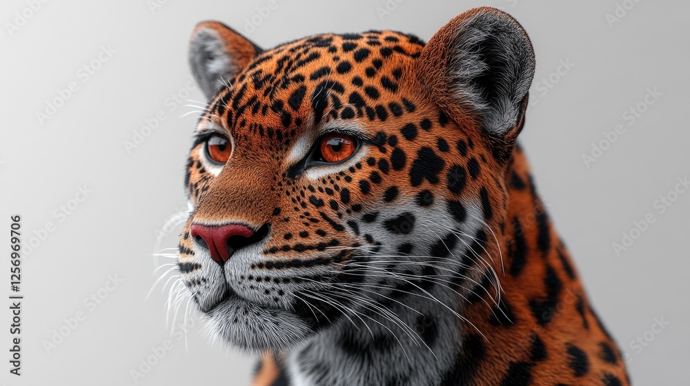 Fototapeta premium Realistic portrait of a jaguar showcasing its vibrant fur and piercing gaze against a neutral background