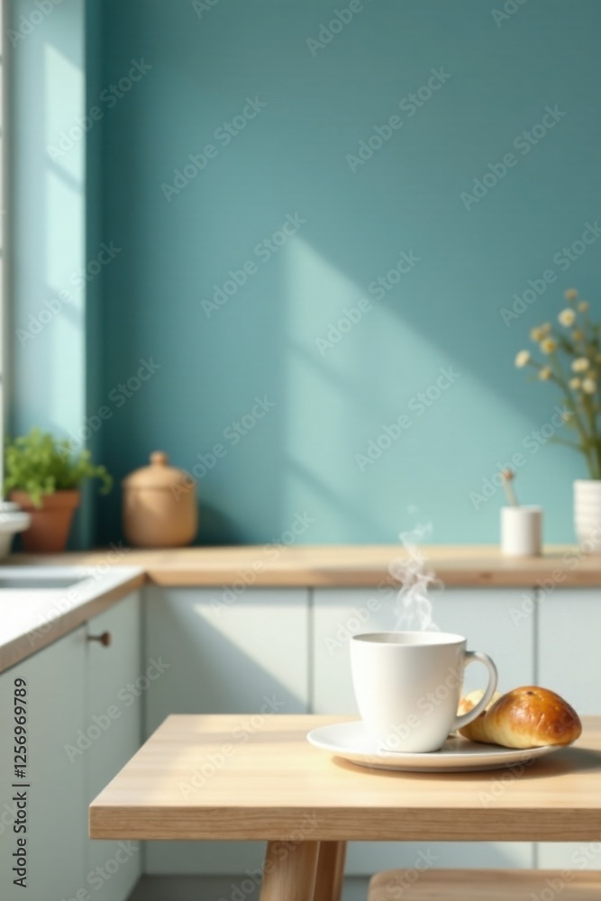 A steaming cup of coffee sits on a light wooden table next to a freshly baked pastry in a sunlit kitchen with a teal wall A steaming cup of coffee sits on a light wooden table next to a freshly baked pastry in a sunlit kitchen with a teal wall