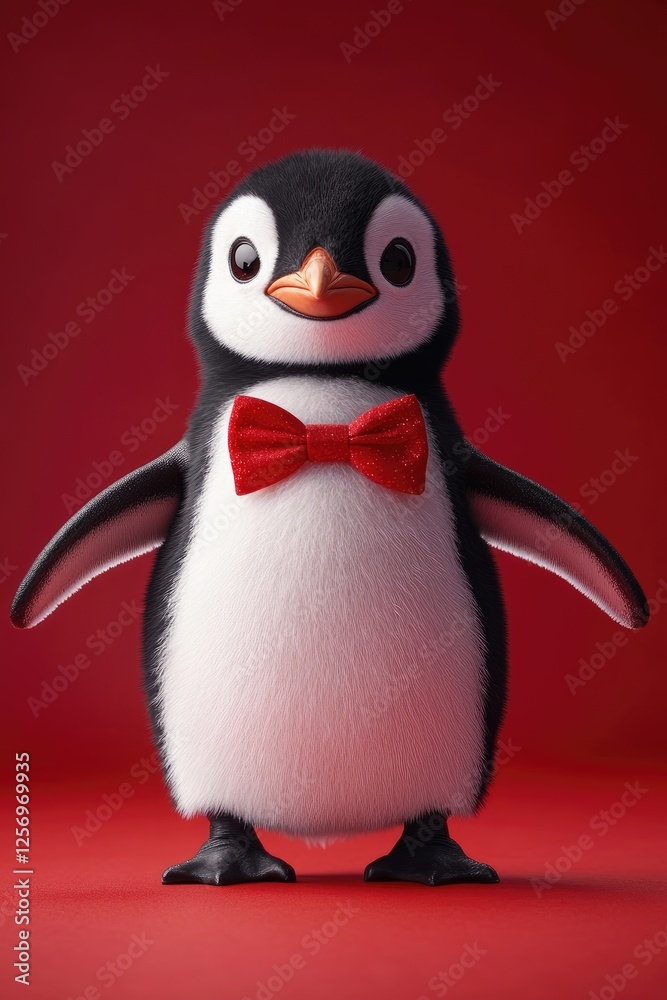Fototapeta premium Adorable Penguin with Red Bowtie on Vibrant Red Background