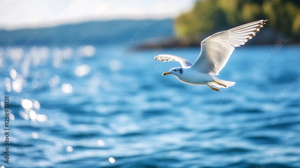 Graceful seagull in flight above tranquil blue water capturing the essence of nature and freedom : Generative AI Graceful seagull in flight above tranquil blue water capturing the essence of nature and freedom : Generative AI