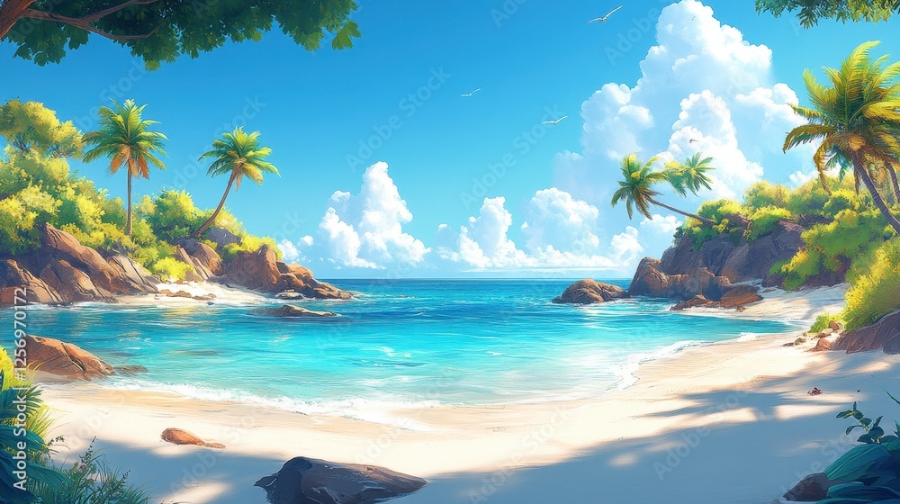 Fototapeta premium Tropical beach cove, sunny day, calm ocean, palm trees, background clouds, idyllic vacation