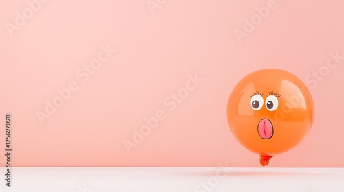 A playful orange balloon with a surprised face floats against a soft pink background, evoking joy